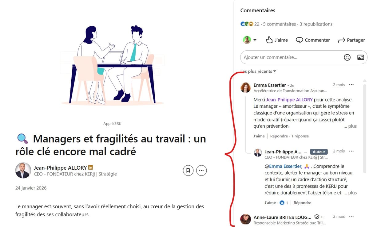 Capture LinkedIn KERij - engagement et commentaires