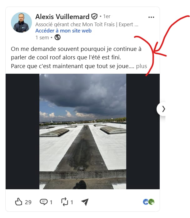 Le post de Alexis Vuillemard qui s'ouvre sur « On me demande souvent pourquoi je continue à parler de cool roof alors que l'été est fini »