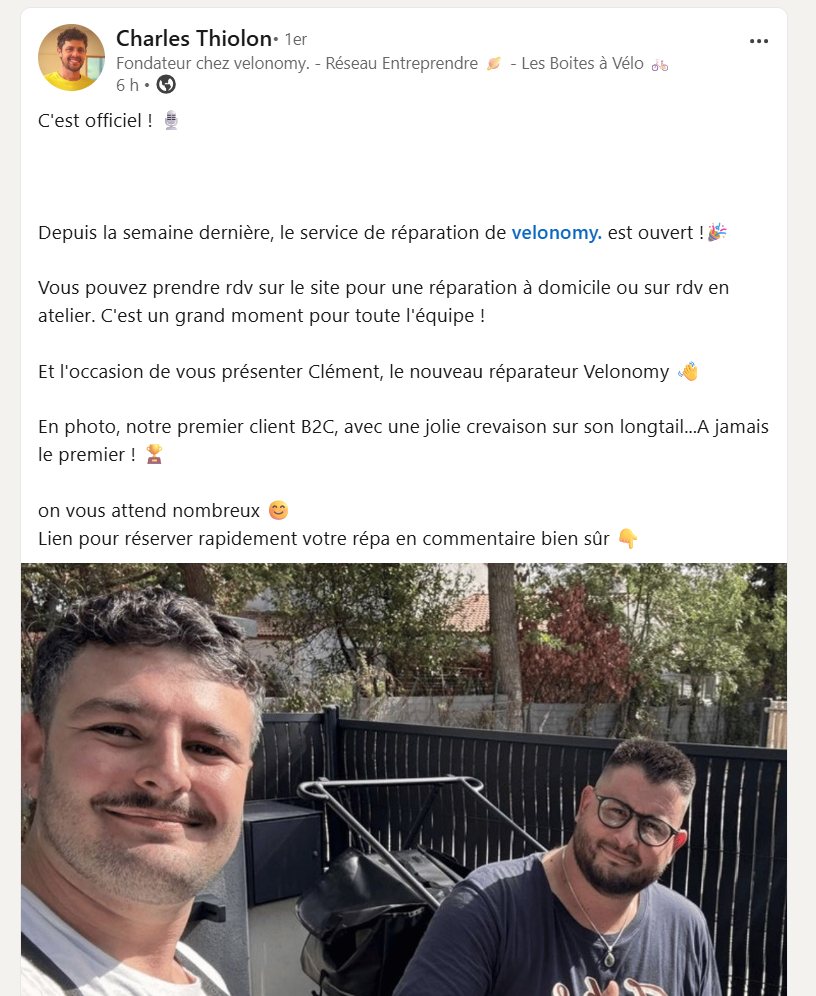 Le post de Charles Thiolon sur l'ouverture du service de réparation de velonomy.