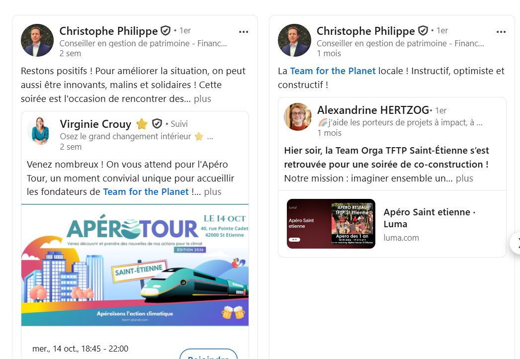 Deux partages de Christophe Philippe sur Team for the Planet, chacun avec une phrase à lui