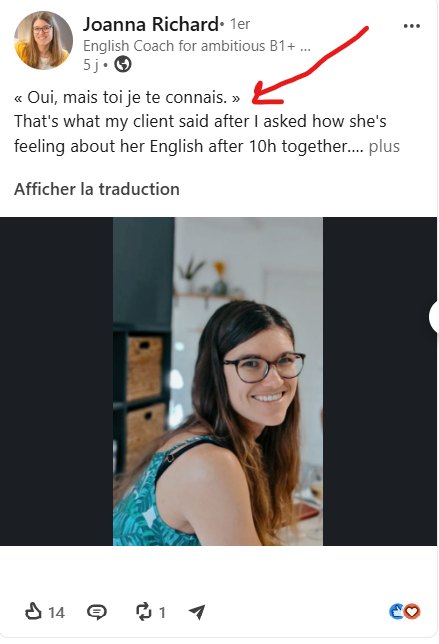Post LinkedIn de Joanna Richard ouvert en français