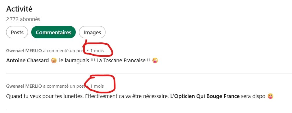 Activité de commentaires sur le profil LinkedIn de Gwenael Merlio