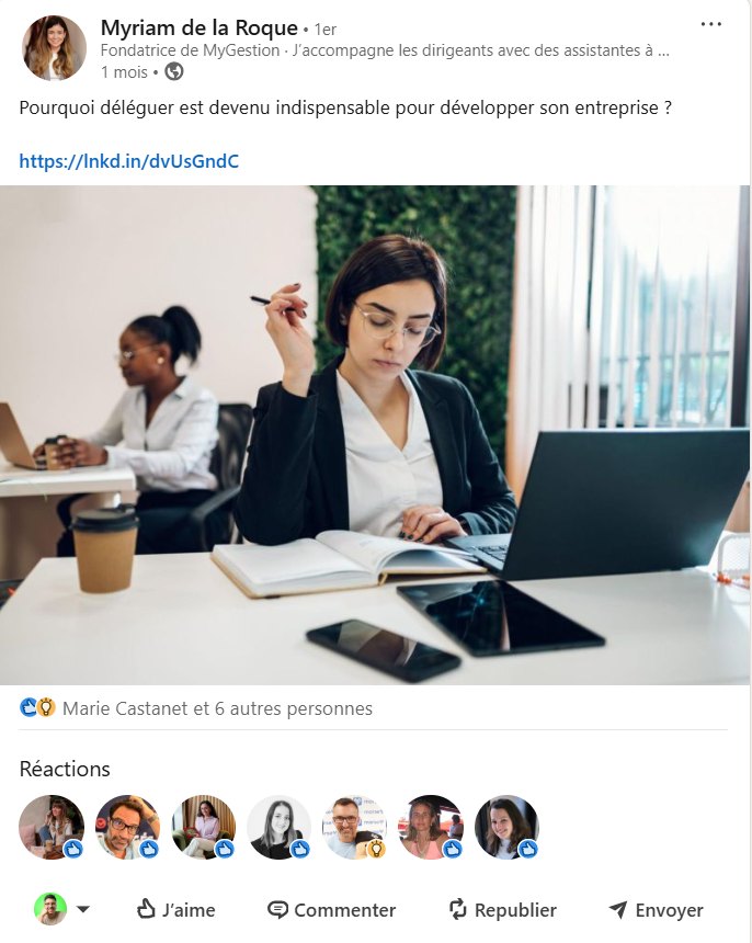 Post LinkedIn de Myriam de la Roque sur la délégation
