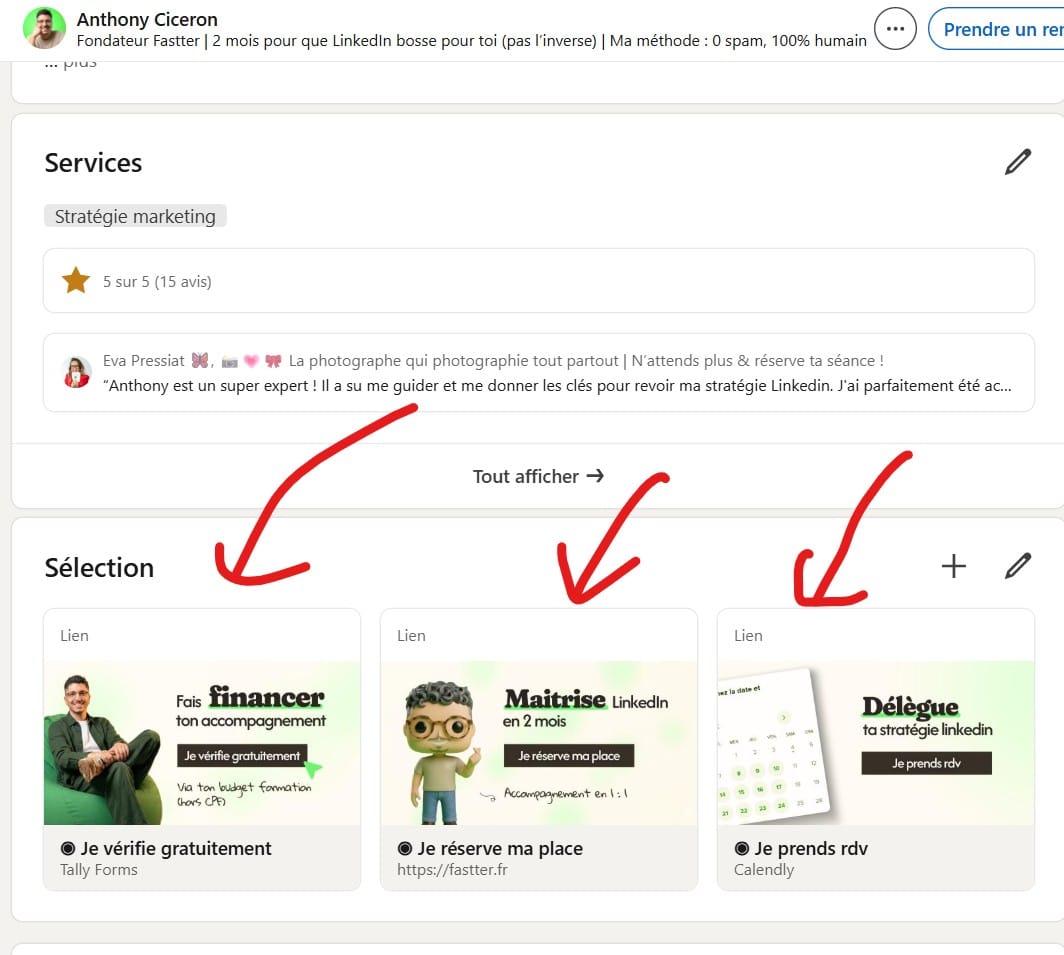 Section Sélection profil LinkedIn
